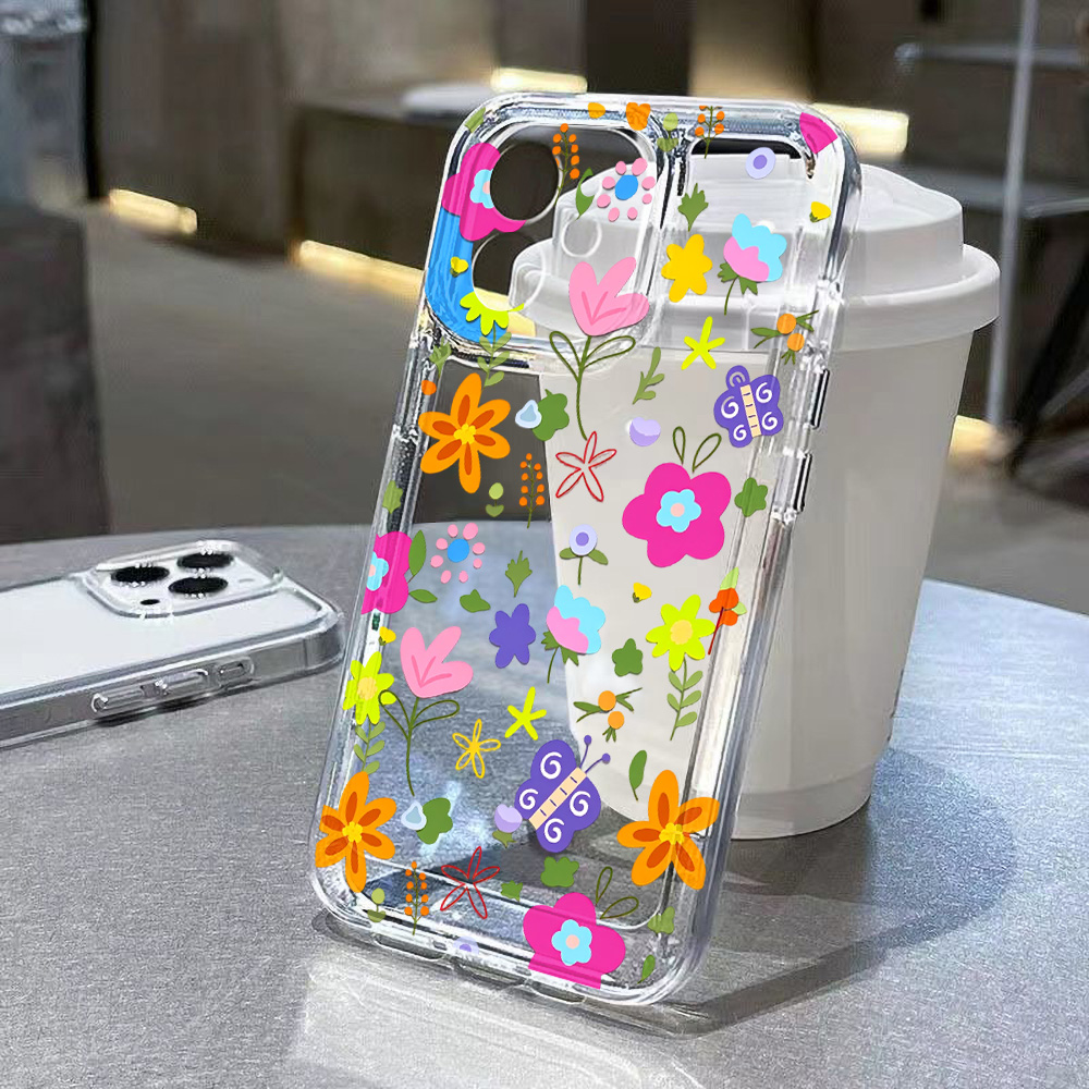 Clear Shockproof Bumper Case - غطاء هاتف شفاف بتصميم زهور ملونة