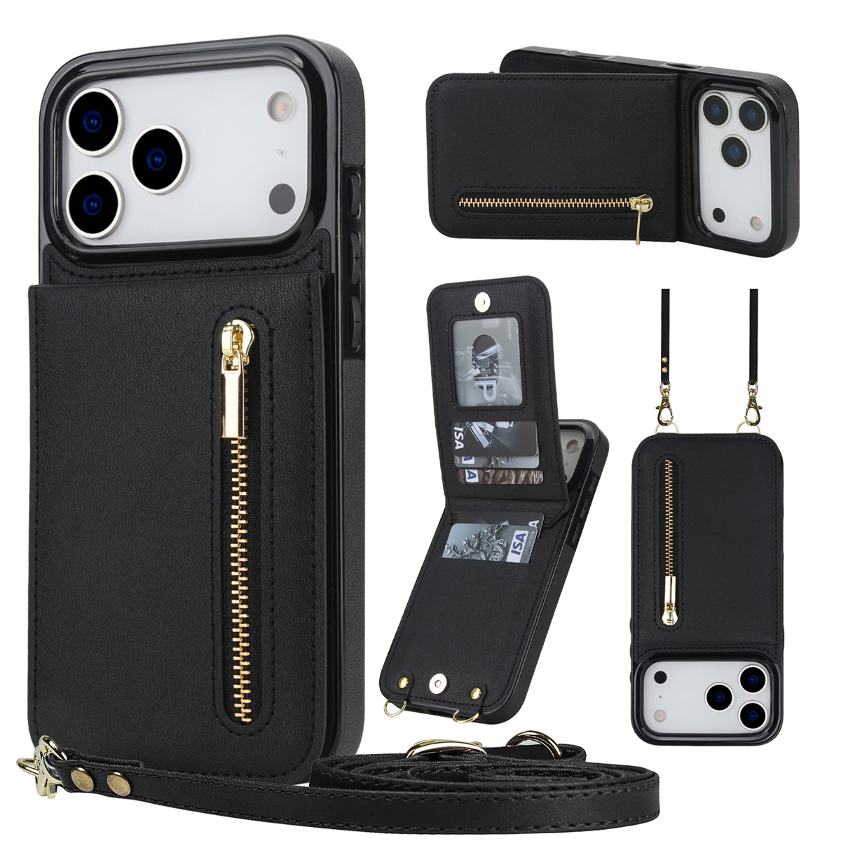 Leather Wallet Card Holder Phone Cover - حافظة هاتف جلدية بسحاب وحامل بطاقات